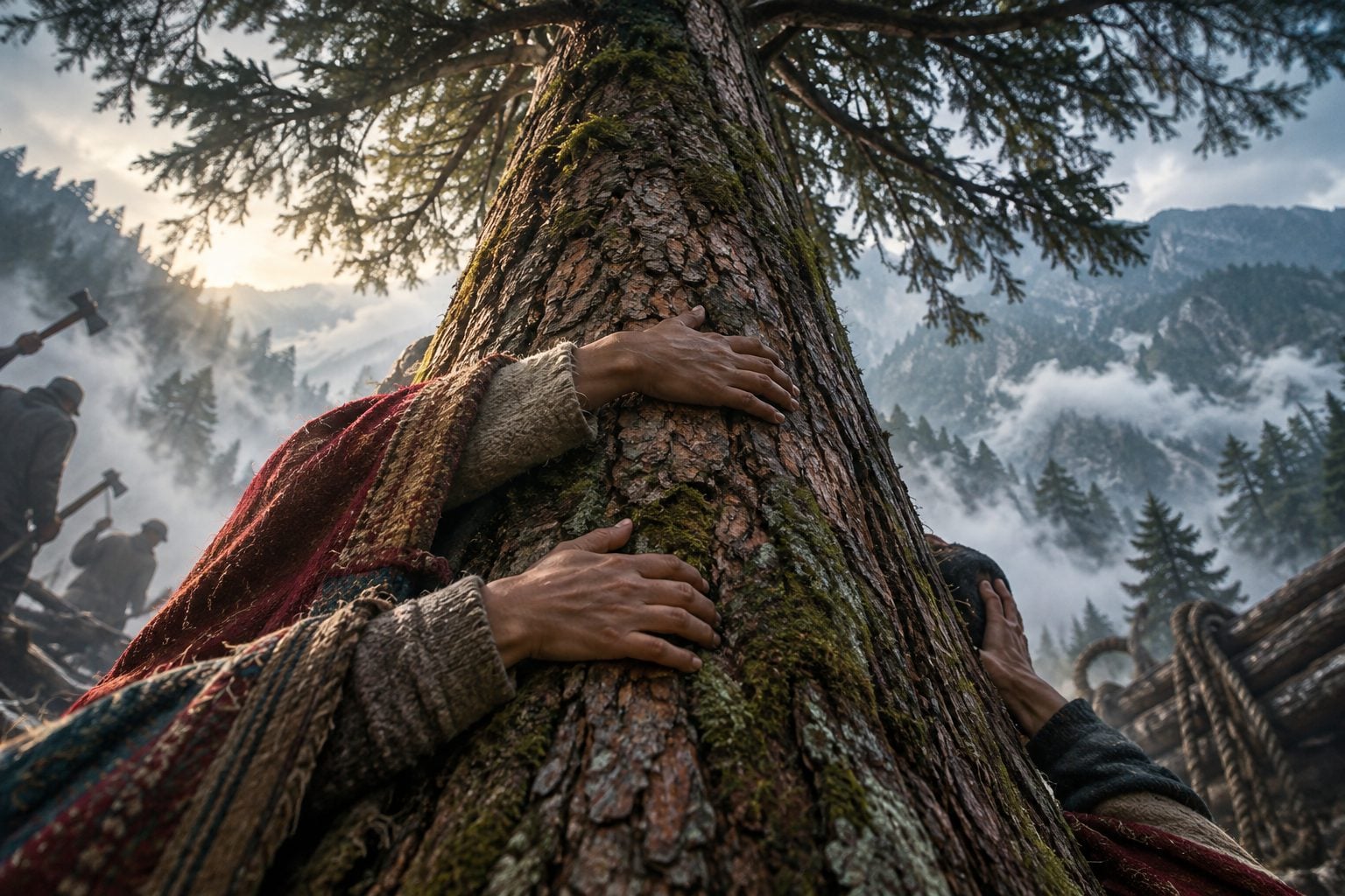 Pandangan rendah ke arah sebatang pokok pain besar di lereng berkabus Garhwal, dirangkul oleh beberapa pasang tangan dan lengan berselimut kain wol berwarna, dengan kapak dan tali pemotong kayu yang kabur di latar belakang.