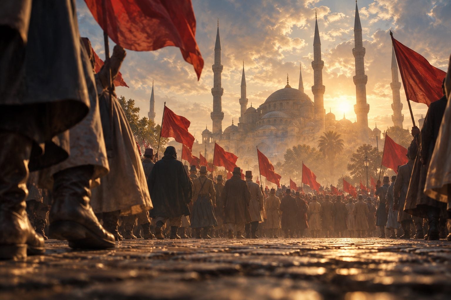 Pandangan rendah setinggi tanah ke arah dataran sesak di Istanbul, dengan kasut, hujung kain dan bendera merah di atas orang ramai yang kabur, serta menara-menara sebuah masjid besar bersiluet dengan matahari rendah.