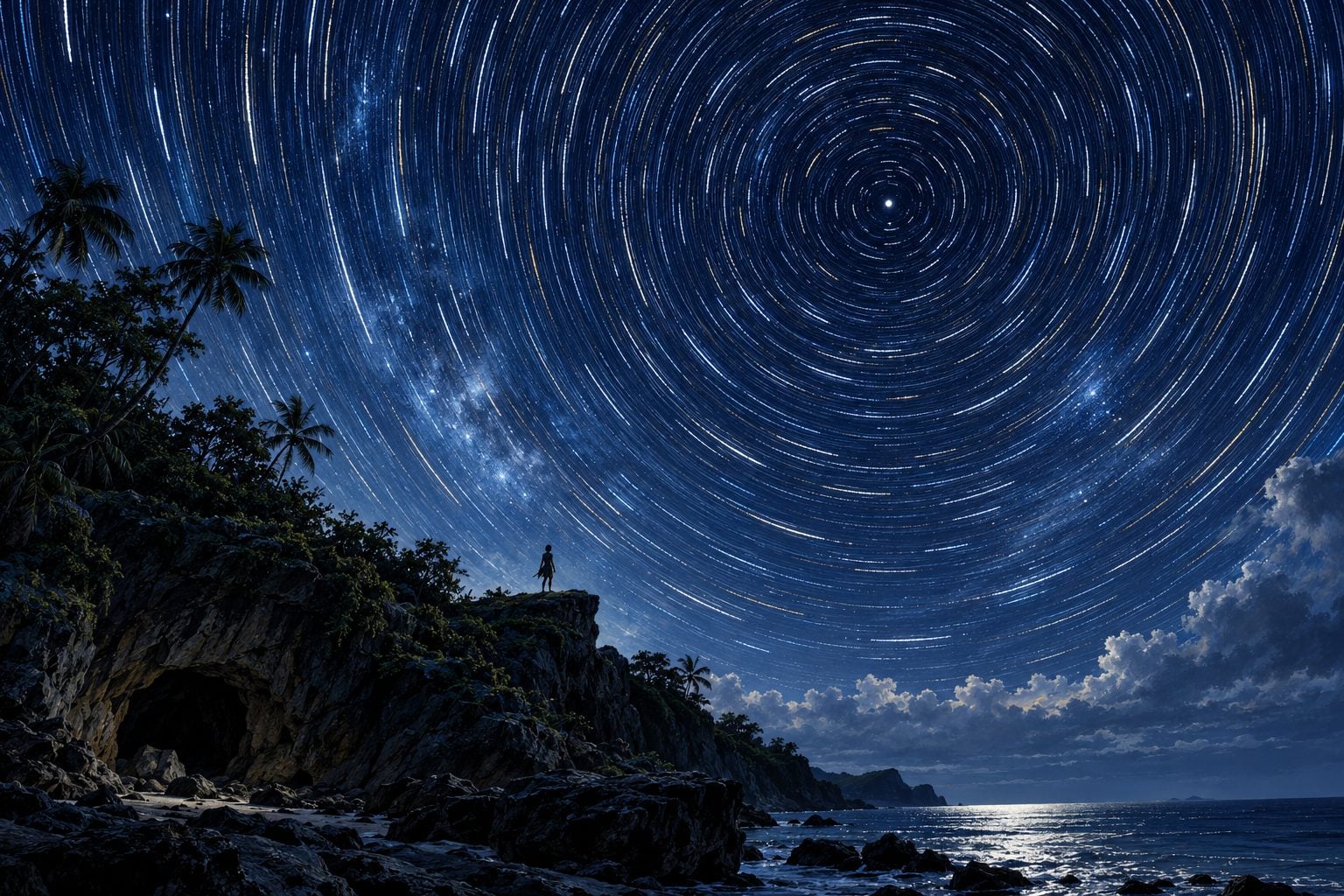 Jejak bintang berpusar memenuhi langit malam di atas sebuah pulau tropika, dengan siluet kecil seorang lelaki berdiri di hujung tebing berhampiran mulut gua dan laut yang berkilau.