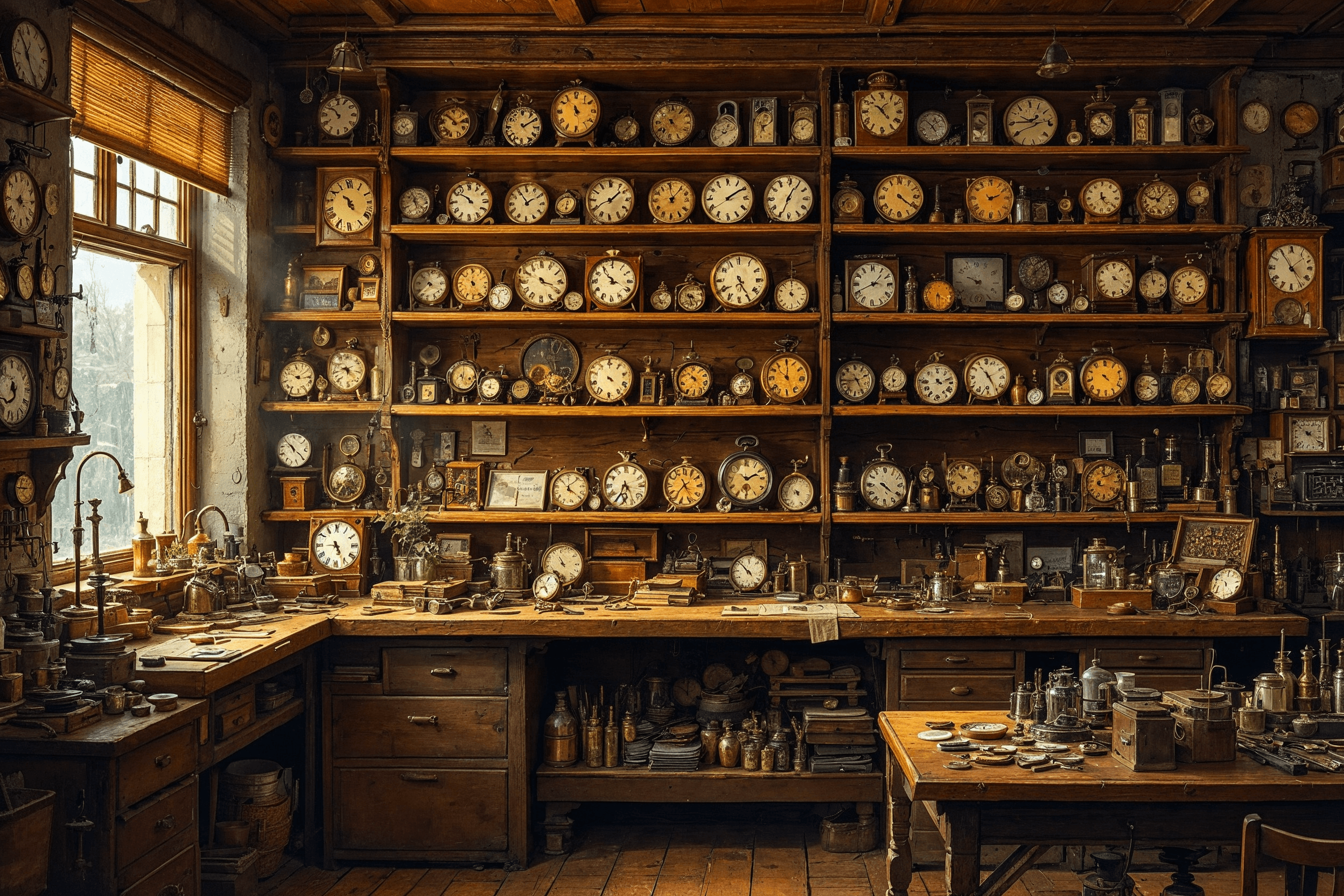 Interior kedai jam lama dengan rak jam kayu, meja kerja dengan alat dan komponen jam poket, suasana nostalgic