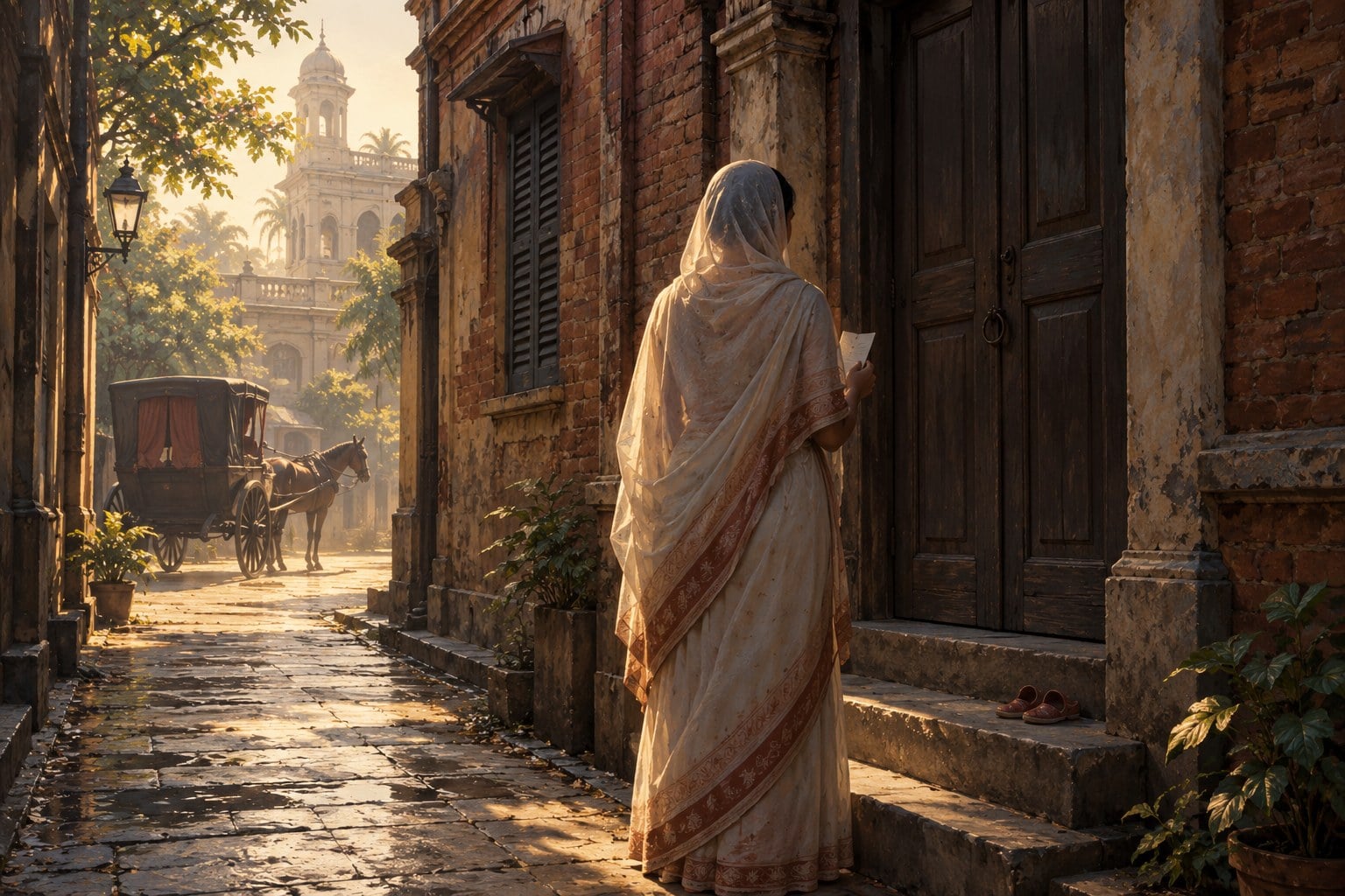 Seorang wanita bersari dan bertudung, dilihat dari belakang, berdiri di hadapan pintu kayu yang tertutup di sebuah lorong Calcutta pada waktu pagi; sehelai kertas kecil di tangannya, sepasang selipar kanak-kanak di tangga, dan sebuah kereta kuda bertirai menunggu di hujung lorong.