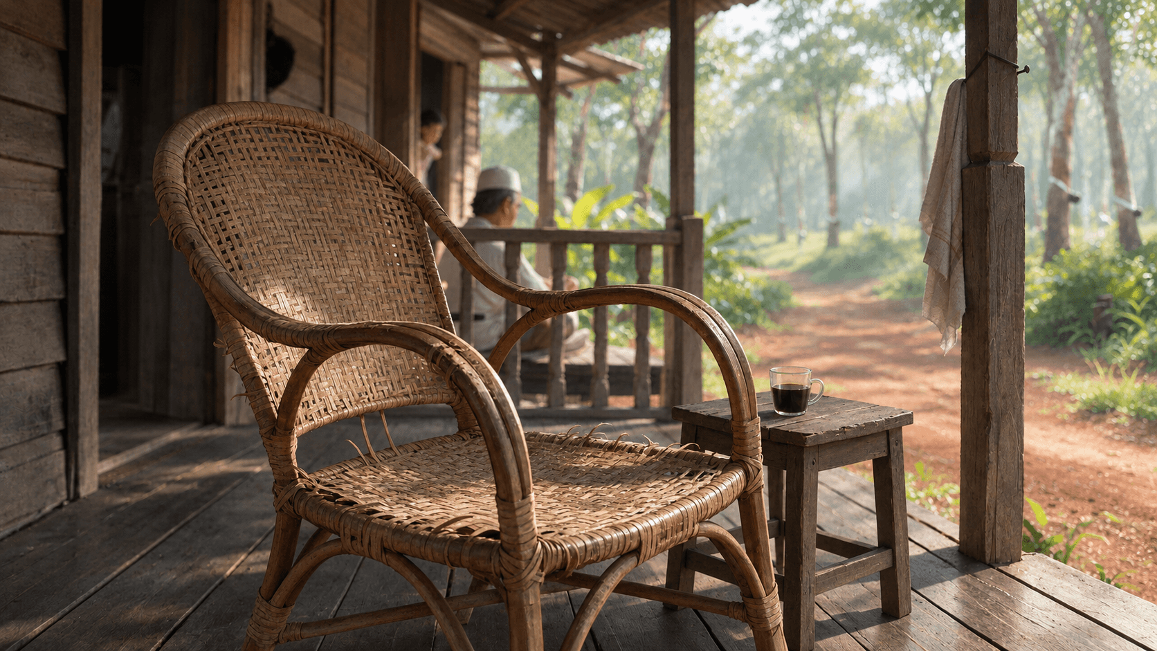 Kerusi rotan lama di beranda rumah kampung dengan kain lusuh pada tiang kayu.