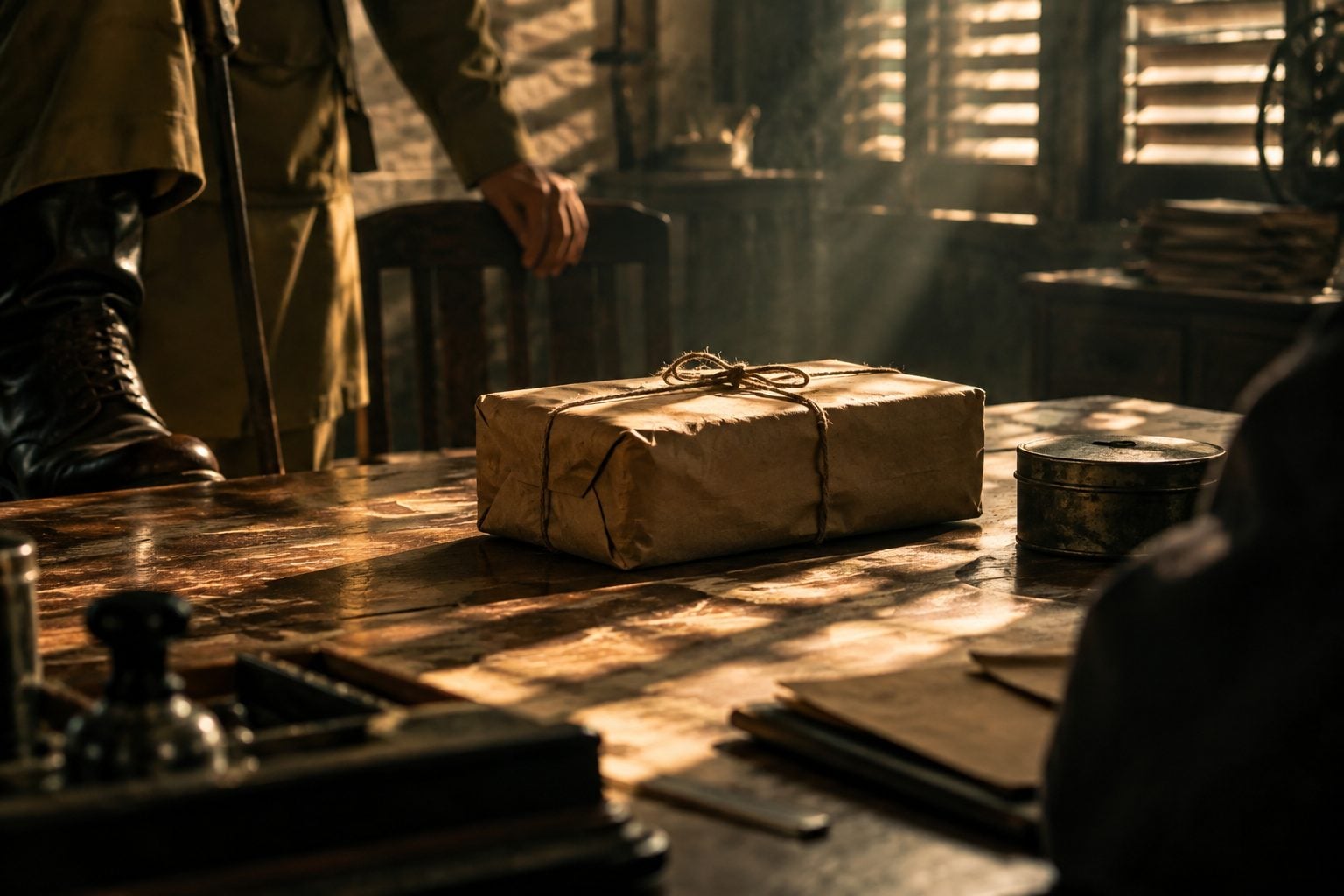 Sebuah bungkusan kertas coklat berikat tali di atas meja kayu dalam bilik soal siasat, disinari jalur cahaya dari bidai tingkap, dengan hanya kasut but dan tangan seorang pegawai kelihatan di tepi bingkai.