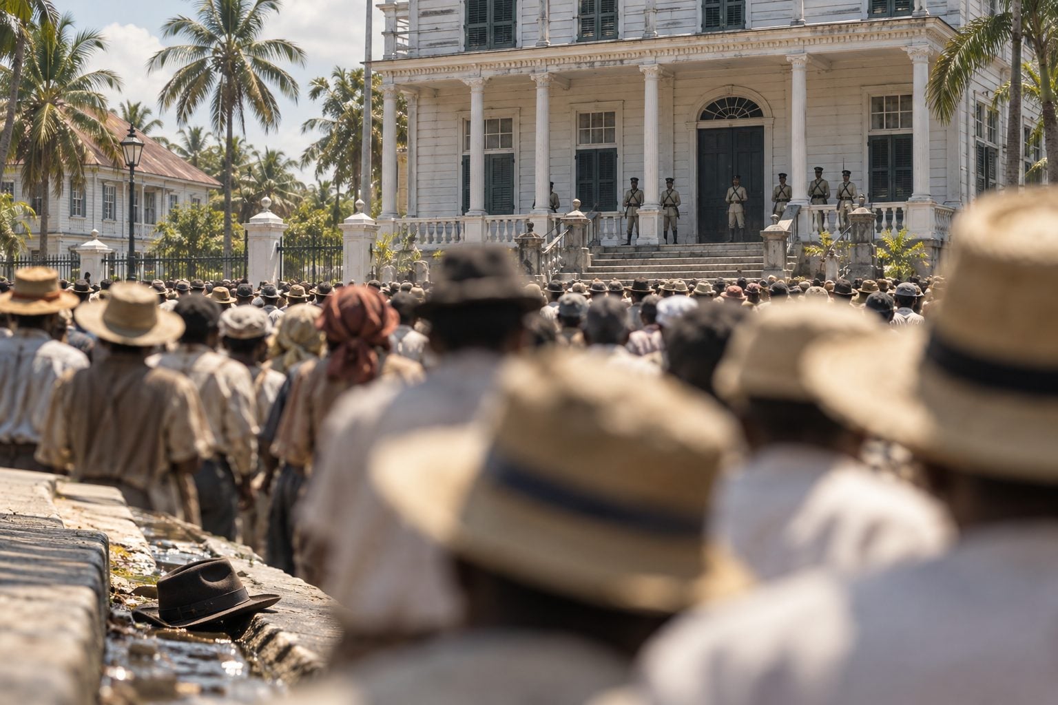 Orang ramai berhimpun dilihat dari belakang di hadapan bangunan pentadbiran kolonial putih di Paramaribo pada tengah hari, dengan sebuah topi terjatuh di tepi longkang.