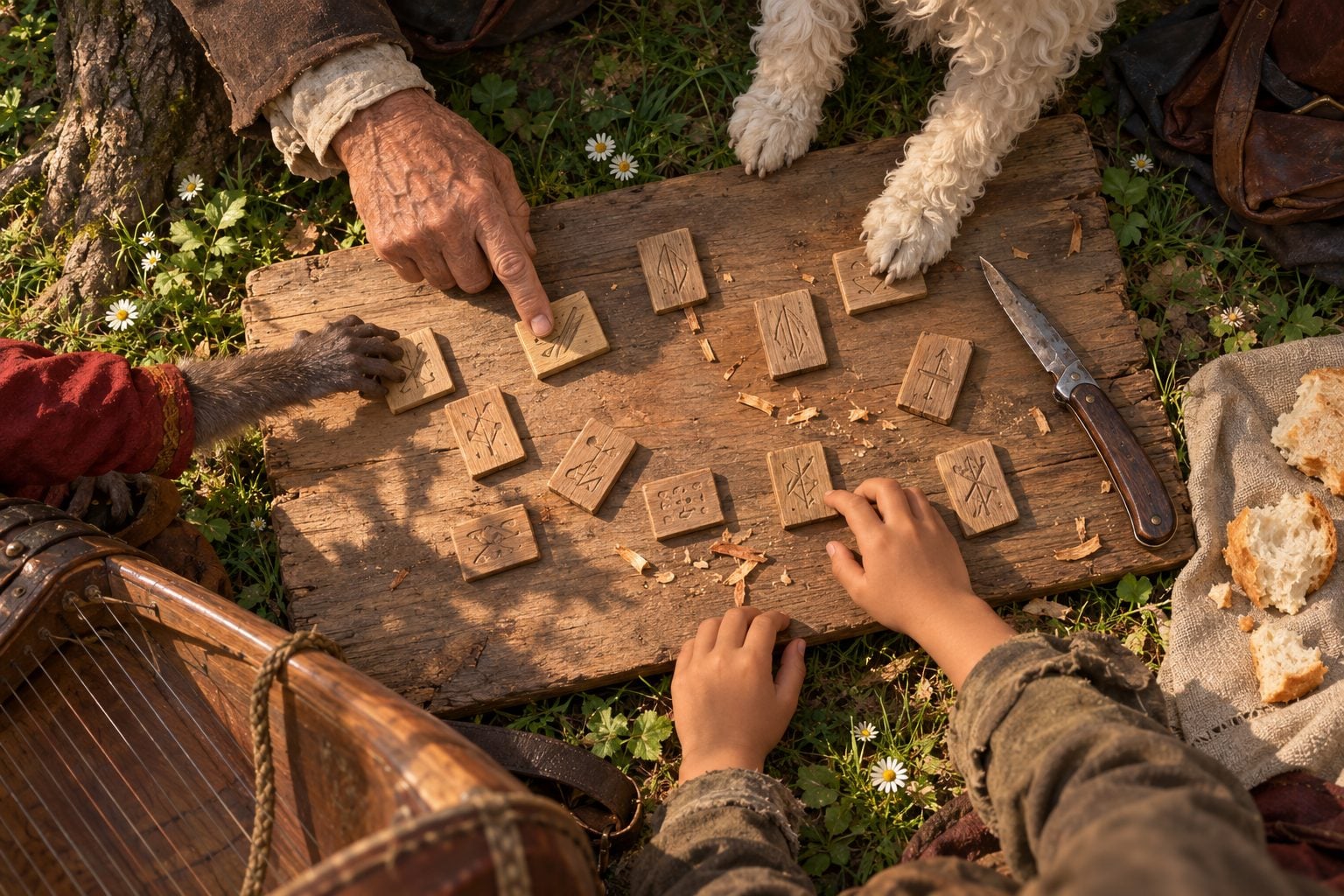 Pandangan dari atas sekeping papan kayu lusuh di atas rumput berbunga daisy, dengan kepingan-kepingan kayu kecil berukir, tangan seorang tua dan tangan seorang budak, kaki anjing putih, tangan monyet berlengan merah, sebilah pisau, roti dan sebahagian harpa.