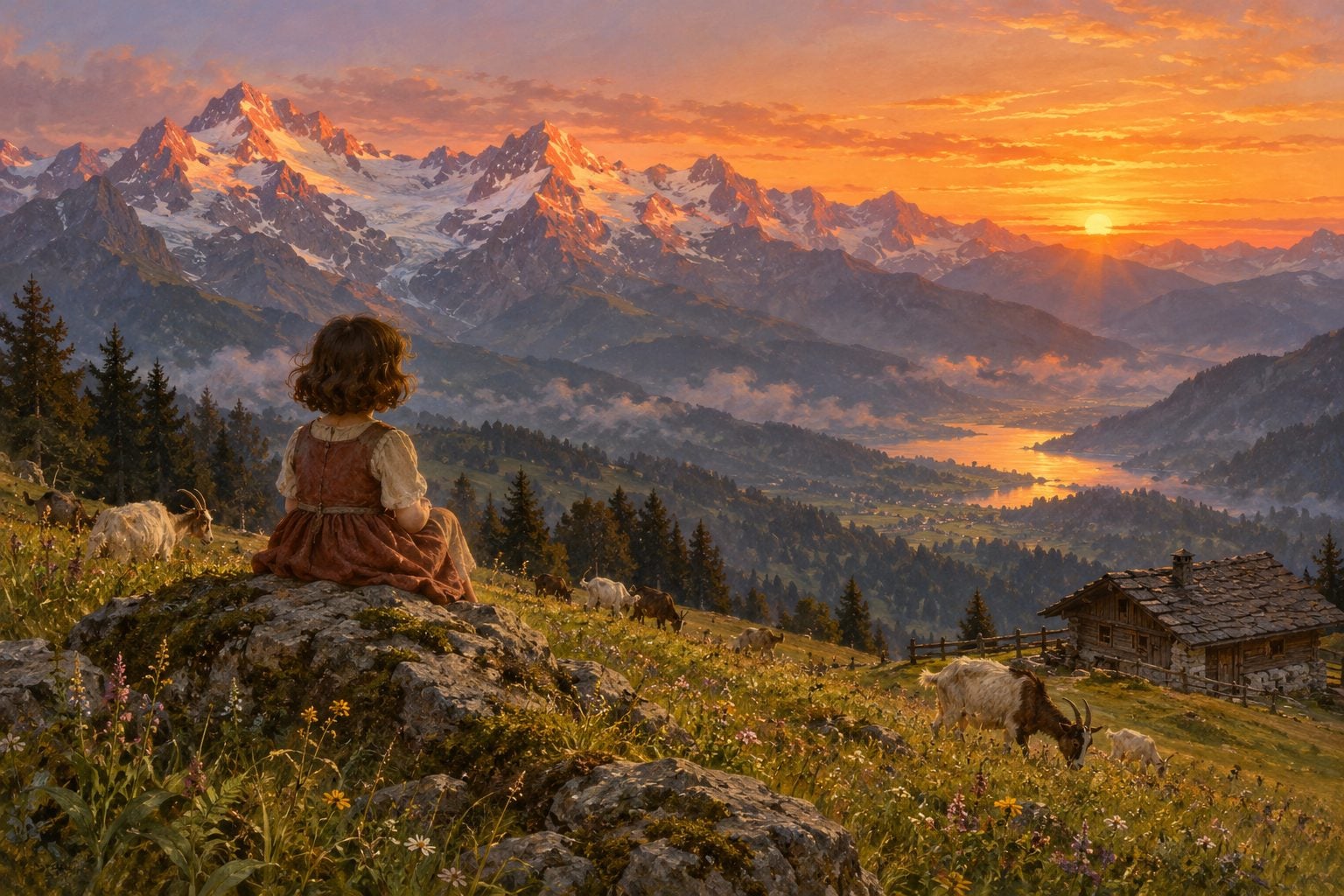 Seorang kanak-kanak perempuan dilihat dari belakang duduk di atas batu di padang rumput gunung, memandang puncak-puncak Alps bersalji yang kemerahan ketika matahari terbenam sambil kambing-kambing meragut berhampiran pondok kayu.