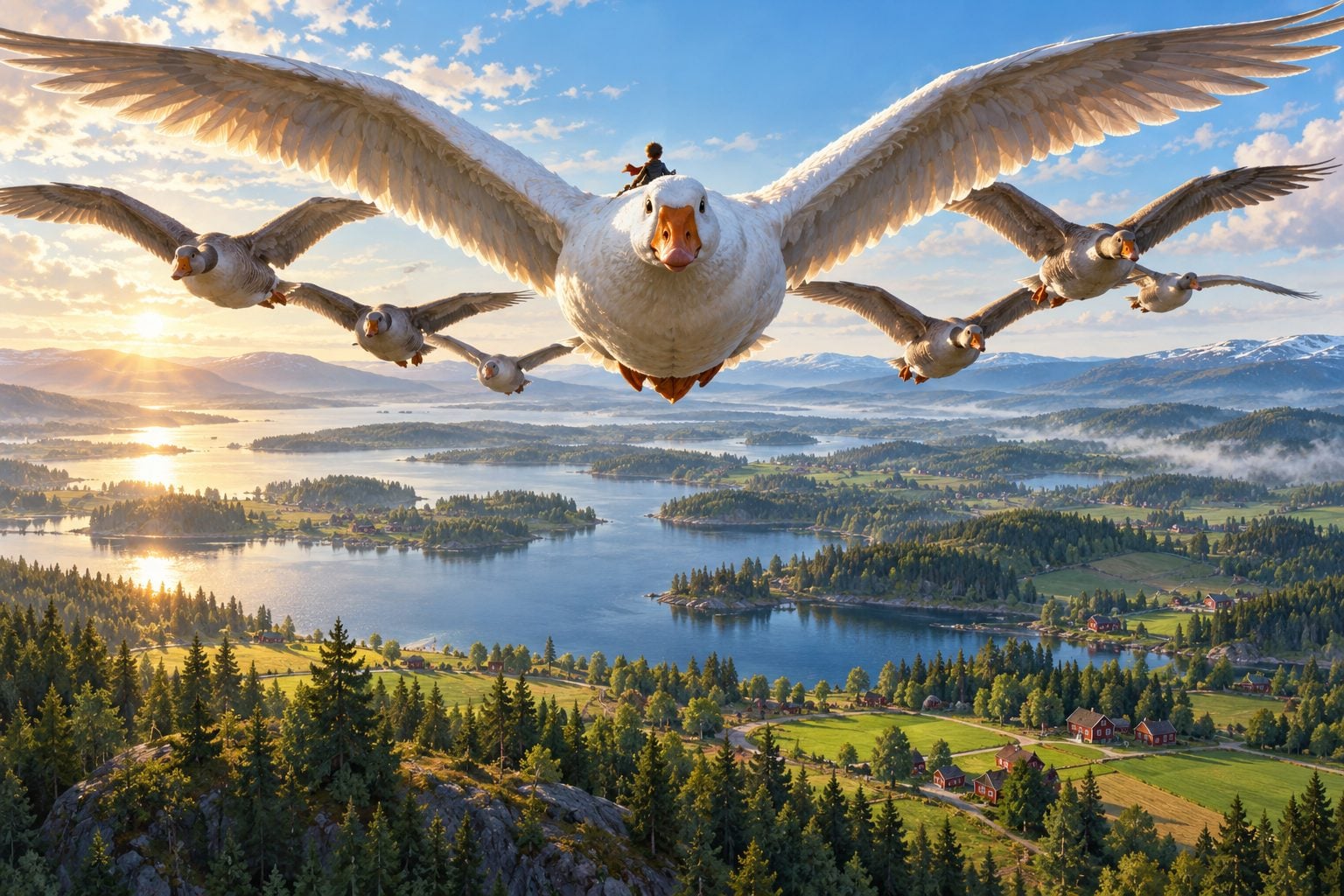 Seekor angsa jantan putih yang besar terbang terus ke arah pandangan bersama kawanan angsa liar, membawa seorang budak yang sangat kecil di belakangnya, di atas landskap tasik, hutan pain dan ladang di Sweden.