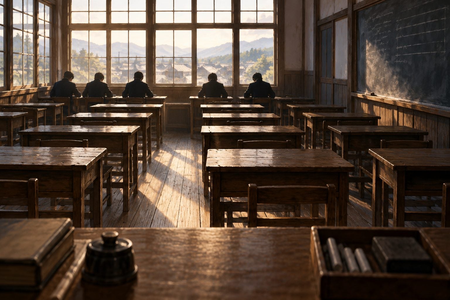 Pandangan dari meja guru ke arah bilik darjah lama berlantai papan dengan deretan meja kayu yang kosong, sementara beberapa pelajar di barisan belakang kelihatan sebagai siluet berlawan cahaya pagi dari tingkap.